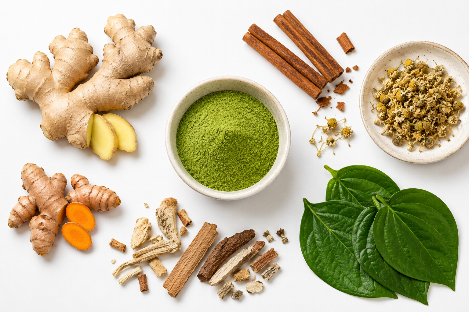 Delapan bahan herbal FLORIV: jahe, kunyit, matcha, kayu manis, chamomile, daun sirih