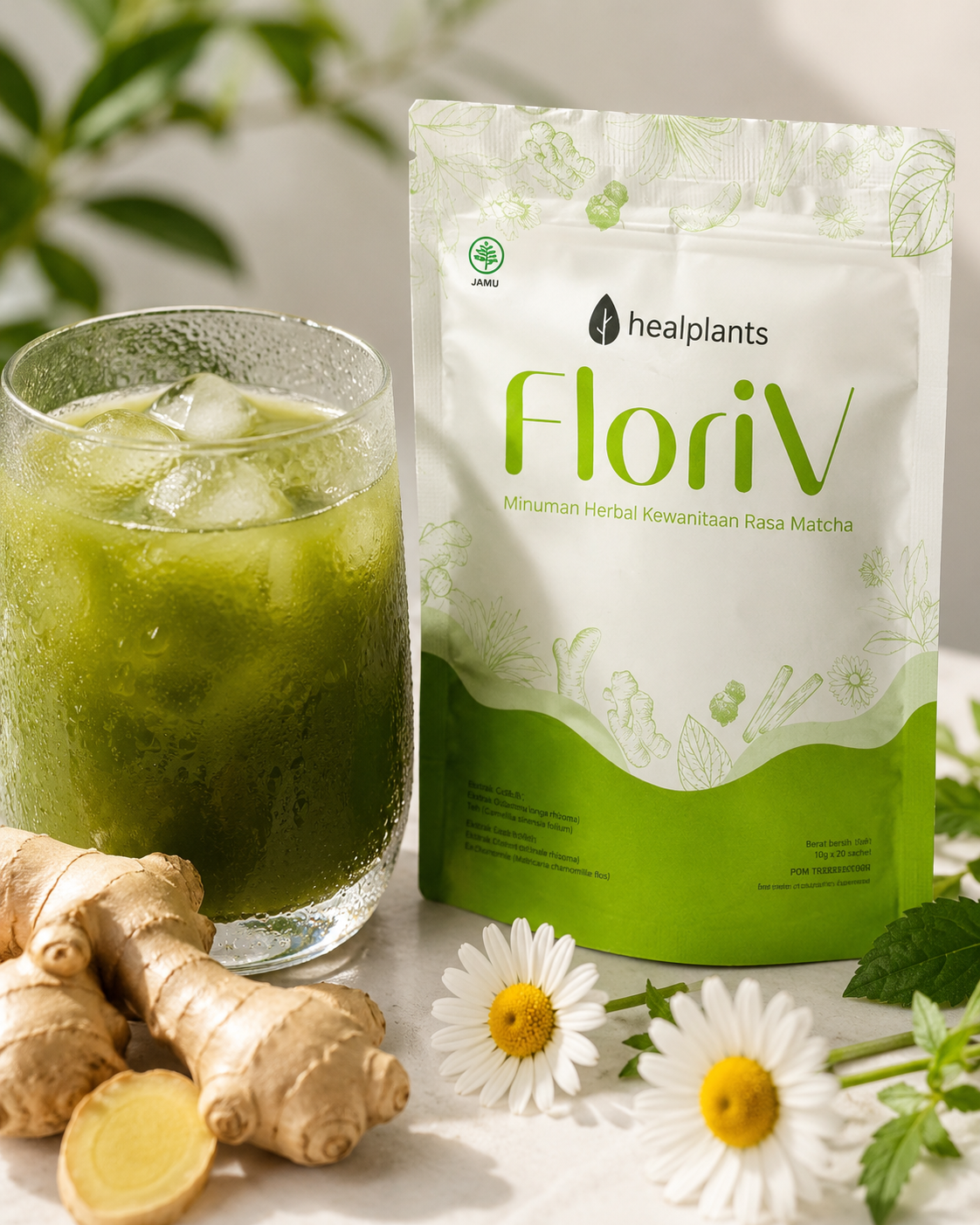 Kemasan FLORIV dan segelas matcha dingin